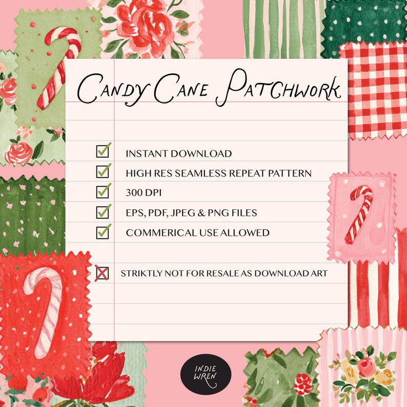 May include: A digital graphic featuring a patchwork of holiday-themed squares with candy canes, red and white gingham, and floral patterns surrounding a central notepad. The text reads Candy Cane Patchwork, Instant Download, High Res Seamless Repeat Pattern, 300 DPI, EPS, PDF, JPEG & PNG Files, Commerical Use Allowed, and Striktly Not For Resale As Download Art.