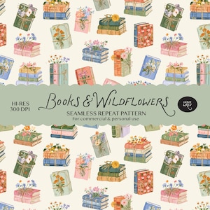 May include: A seamless repeat pattern featuring stacks of books tied with twine and topped with colourful wildflowers. The design includes various book colours like blue, green, pink, and orange on a cream background with the text Books & Wildflowers.