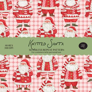 Könnte beinhalten: Ein nahtloses Wiederholungsmuster mit illustrierten Weihnachtsmannfiguren in rot-weißen Strickpullovern, Mützen und Schals vor einem hellrosa karierten Hintergrund. Der Text lautet Knitted Santa, HI-RES 300 DPI und Indie Wren.