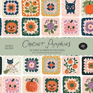 May include: A seamless repeat pattern featuring a grid of crocheted square motifs with various designs including orange pumpkins, jack-o'-lanterns, black cats, sunflowers, and floral arrangements. Text reads Crochet Pumpkins, Seamless Repeat Pattern.