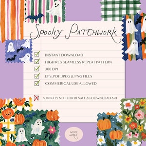 A spooky-cute repeat pattern full of painted style fabric swatches in a patchwork quilted pattern, that is perfect for adding a touch of magic to your autumn projects.

Created in the Indie Wren Studio and turned into a seamless pattern ready to drop straight into fabric, packaging, prints, or personal keepsakes.