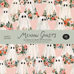 Könnte beinhalten: Ein nahtloses Wiederholungsmuster mit weißen Geistern mit schwarzen ovalen Augen auf hellrosa Hintergrund. Die Geister sind an ihren Basen mit verschiedenen bunten Blumenarrangements verziert. Der Text lautet Meadow Ghosts, Hi-Res 300 DPI und Indie Wren.