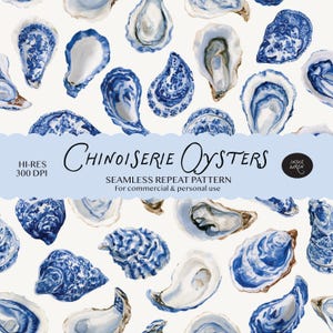 Puede incluir: Un patrón de repetición sin costuras con conchas de ostra Chinoiserie azules y blancas sobre un fondo crema. El texto dice Chinoiserie Oysters, Hi-Res 300 DPI, Seamless Repeat Pattern, For commercial & personal use e Indie Wren.