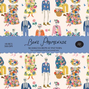Seamless Floral Skeleton Pattern Digital Download -  Whimsical Halloween Bones Flowers Print for Fabric, Scrapbook Paper, Packaging & Crafts