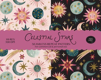 Celestial Stars Halloween Seamless Pattern | Celestial, Spooky Cute Moon Stars Design | Repeat Print | Printable for Fabric & Fall Products