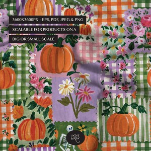 A spooky-cute repeat pattern full of painted style fabric swatches in a patchwork quilted pattern, that is perfect for adding a touch of magic to your autumn projects.

Created in the Indie Wren Studio and turned into a seamless pattern ready to drop straight into fabric, packaging, prints, or personal keepsakes.