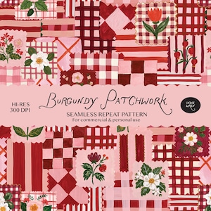 May include: A seamless repeat pattern titled Burgundy Patchwork featuring a grid of squares with red, pink, and white gingham, stripes, and solid blocks. The design includes hand-painted floral illustrations of white and red flowers.