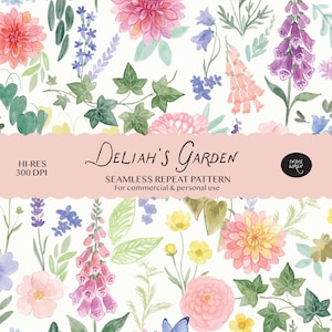 Deliah's Garden Seamless Pattern | Wildflower Floral Repeat for Fabric Wallpaper | Painted effect Watercolour | Commercial Use Graphics