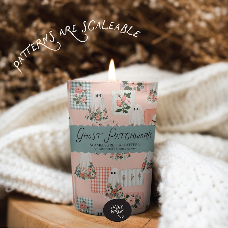 A peachy vintage repeat pattern full of painted style fabric swatches and meadow floral ghosts that is perfect for adding a touch of magic to your autumn projects.

Created in the Indie Wren Studio and turned into a seamless pattern ready to drop straight into fabric, packaging, prints, or personal keepsakes.
