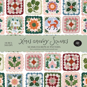 Seamless Crochet Granny Squares Christmas Pattern Digital Download - Festive Pink Snow Globe, Winter Cottage Print for Fabric, Digital Paper
