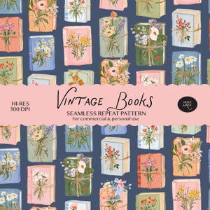 May include: A seamless repeat pattern featuring illustrations of books tied with twine and topped with various colorful floral bouquets. The background is a dark blue, and the books are rendered in shades of pink, green, blue, and orange.