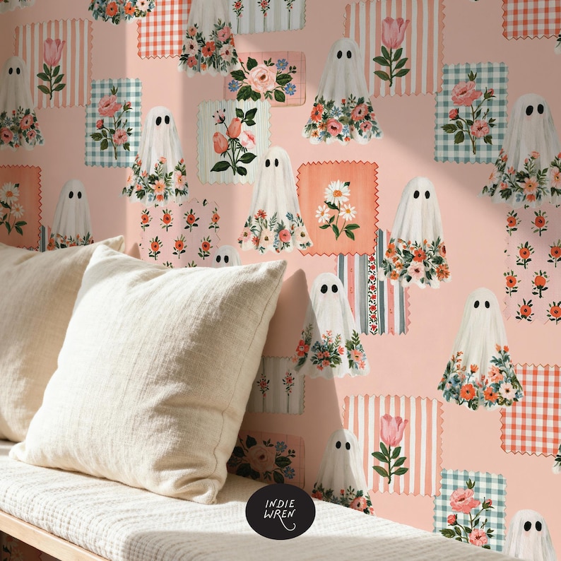 A peachy vintage repeat pattern full of painted style fabric swatches and meadow floral ghosts that is perfect for adding a touch of magic to your autumn projects.

Created in the Indie Wren Studio and turned into a seamless pattern ready to drop straight into fabric, packaging, prints, or personal keepsakes.
