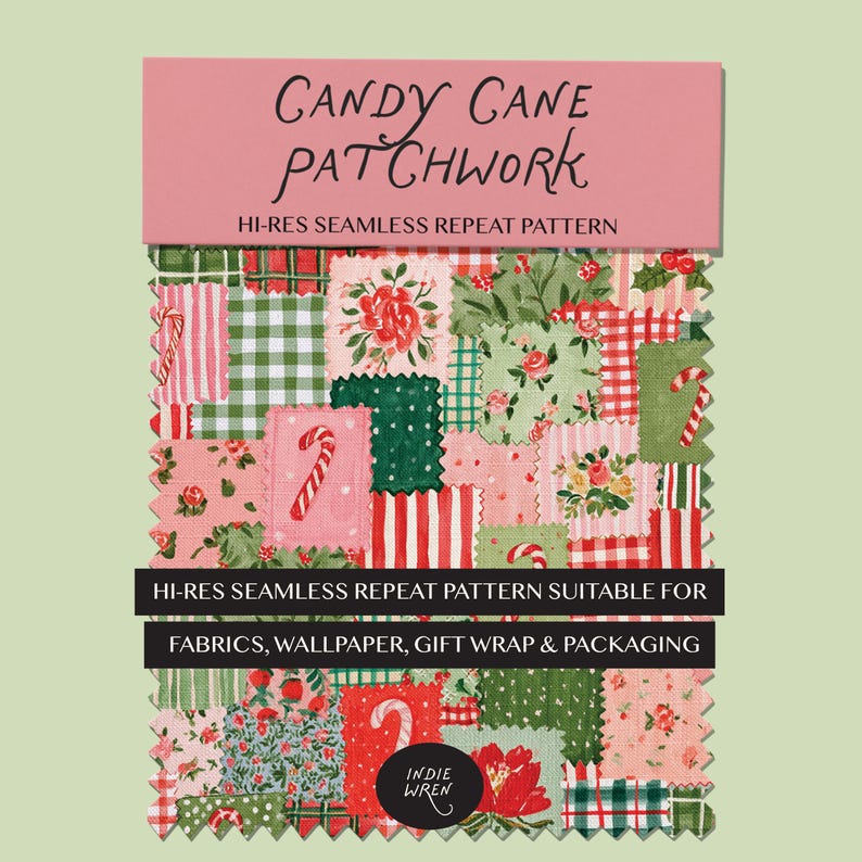 A festive treat repeat pattern full of painted style fabric swatches in a patchwork quilted pattern featuring candy canes, gingham and stripes that is perfect for adding a touch of magic to your Christmas projects.

Created in the Indie Wren Studio and turned into a seamless pattern ready to drop straight into fabric, packaging, prints, or personal keepsakes.