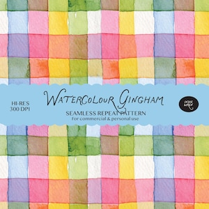 Pode incluir: Um padrão digital de repetição sem costuras com um design de xadrez vichy em aguarela com quadrados multicoloridos em rosa, amarelo, verde, azul e laranja. Uma faixa azul clara no centro exibe o texto WATERCOLOUR GINGHAM, HI-RES 300 DPI.