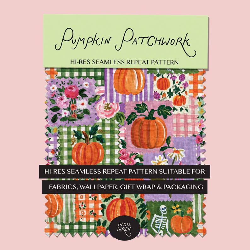 A spooky-cute repeat pattern full of painted style fabric swatches in a patchwork quilted pattern, that is perfect for adding a touch of magic to your autumn projects.

Created in the Indie Wren Studio and turned into a seamless pattern ready to drop straight into fabric, packaging, prints, or personal keepsakes.