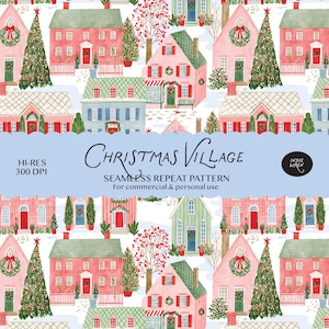 Könnte beinhalten: Ein nahtloses Wiederholungsmuster mit einem winterlichen Weihnachtsdorf mit rosa, roten und grünen Häusern, geschmückten Tannenbäumen und verschneiten Landschaften. Das Bild enthält den Text: CHRISTMAS VILLAGE, HI-RES 300 DPI, SEAMLESS REPEAT PATTERN.