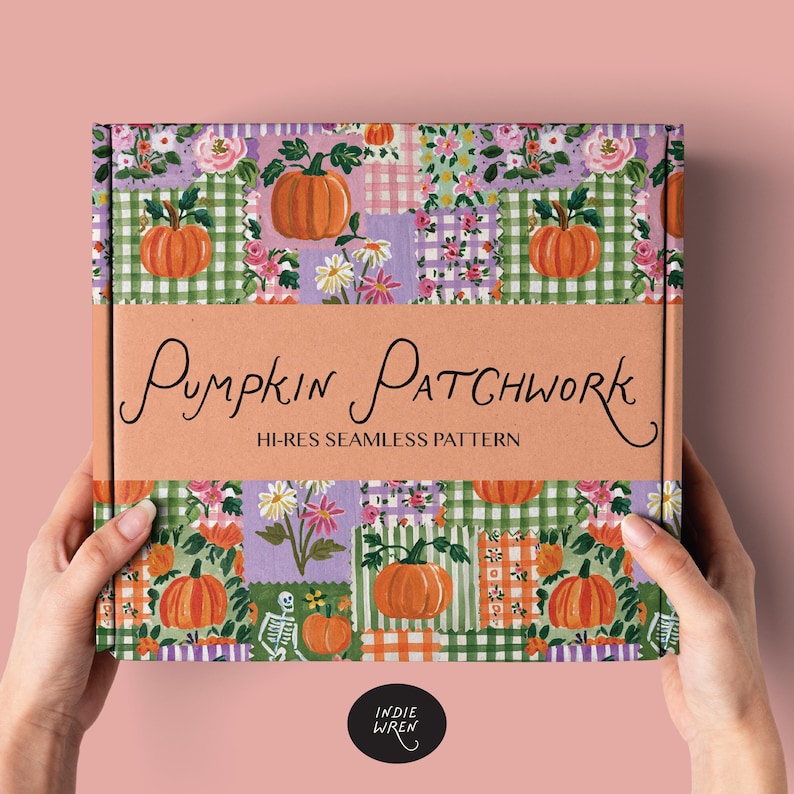 A spooky-cute repeat pattern full of painted style fabric swatches in a patchwork quilted pattern, that is perfect for adding a touch of magic to your autumn projects.

Created in the Indie Wren Studio and turned into a seamless pattern ready to drop straight into fabric, packaging, prints, or personal keepsakes.