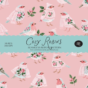 Feestelijk en gezellig roodborstje naadloos patroon digitale download - Kerst dieren winterprint voor stof, papierknutselwerk, cadeauverpakking - Commercieel gebruik