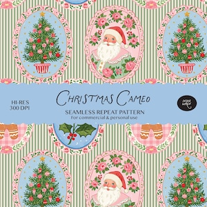 May include: A seamless repeat pattern featuring oval cameos with illustrations of Santa Claus, decorated Christmas trees, and holly sprigs on a green and white striped background. The text reads Christmas Cameo, HI-RES 300 DPI, and Indie Wren.
