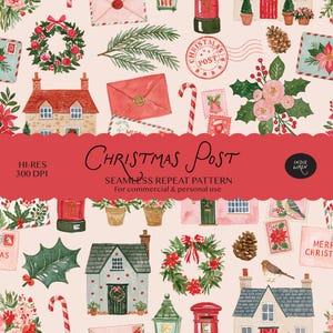 Könnte beinhalten: Ein nahtloses Wiederholungsmuster mit Aquarellillustrationen von Weihnachtshäusern, roten Briefkästen, Umschlägen, Kränzen, Tannenzapfen, Zuckerstangen und Vögeln auf hellrosa Hintergrund. Der Text lautet Christmas Post, HI-RES 300 DPI und Indie Wren.
