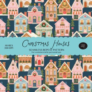 Seamless Christmas Gingerbread Houses Pattern Digital Download -  Whimsical Festive Winter Shops Print for Fabric, Crafts and Digital Paper