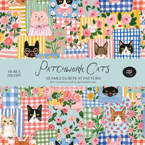 カラフルな猫のシームレスパッチワーク花柄、ペイントフラワーギンガム生地キルトリピートプリント（生地、パッケージ、デジタルペーパー用）