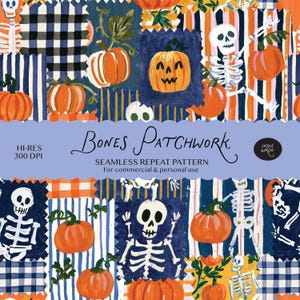 May include: A digital seamless repeat pattern titled Bones Patchwork featuring a collage of orange pumpkins, white skeletons, and various fabric swatches in black, white, blue, and orange stripes and checkered prints with a light blue banner overlay.