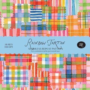 Può includere: Un motivo digitale a ripetizione senza giunture che presenta un design tartan arcobaleno ad acquerello con vari quadrati a quadri e a righe in colori vivaci. Un banner azzurro al centro mostra il testo Rainbow Tartan, HI-RES 300 DPI e Indie Wren.
