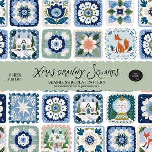 Seamless Crochet Granny Squares Christmas Pattern Digital Download - Festive Blue Snow Globe, Winter Cottage Print for Fabric, Digital Paper