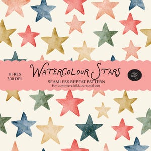 May include: A seamless repeat pattern featuring watercolor stars in shades of red, blue, green, and gold on a cream background. A pink horizontal banner across the center displays the text "WATERCOLOUR STARS", "HI-RES 300 DPI", and "INDIE WREN".
