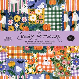 A spooky-cute repeat pattern full of painted style fabric swatches in a patchwork quilted pattern, that is perfect for adding a touch of magic to your autumn projects.

Created in the Indie Wren Studio and turned into a seamless pattern ready to drop straight into fabric, packaging, prints, or personal keepsakes.