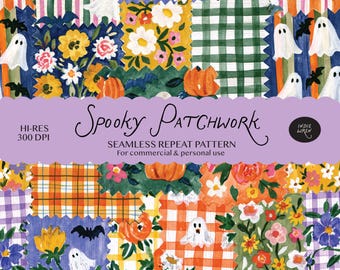 Seamless Spooky Patchwork Pattern Digital Download -  Whimsical Quilt Ghosts Pumpkins Gingham Print for Fabric for Crafts