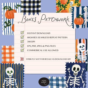 A spooky-cute repeat pattern full of painted style fabric swatches in a patchwork quilted pattern, that is perfect for adding a touch of magic to your autumn projects.

Created in the Indie Wren Studio and turned into a seamless pattern ready to drop straight into fabric, packaging, prints, or personal keepsakes.