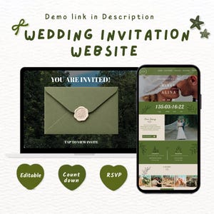 May include: A digital wedding invitation website template displayed on a laptop and smartphone. The design features a green envelope with a wax seal, a countdown timer, photo galleries, and sections labeled Editable, Countdown, and RSVP.
