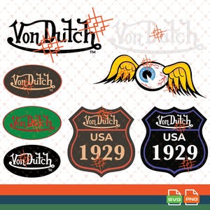 May include: A collection of Von Dutch brand graphics including the text logo, a winged eyeball illustration, and various shield and oval-shaped emblems featuring the text Von Dutch USA 1929 in black, white, green, and orange colour schemes.