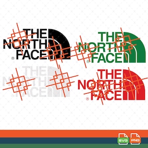 May include: A digital graphic featuring four versions of The North Face logo in black, green, red, and a faint grey. Each logo includes the text THE NORTH FACE and a quarter-circle icon, all overlaid with a repeating orange geometric grid pattern.