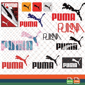 Può includere: Una collezione di loghi e design grafici del marchio Puma con l'icona del felino che salta e la parola Puma in vari colori, stili e motivi, tra cui stampe rosse, nere, blu e floreali su uno sfondo bianco.