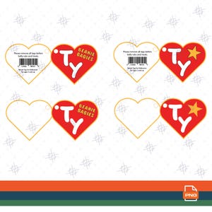May include: Four heart-shaped Ty Beanie Babies tags arranged in two rows. Two tags feature red hearts with white Ty logos and yellow text, while two are white with barcodes and text reading Please remove all tags before belly rubs and treats.