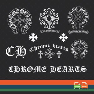 May include: A collection of white graphic designs on a dark background featuring the text Chrome Hearts in various gothic fonts, circular emblems with cross motifs, standalone cross symbols, and the letters CH, arranged in a grid-like layout.