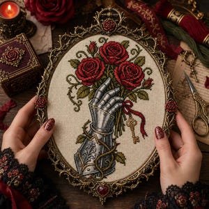 May include: An oval cross-stitch embroidery featuring a metal gauntlet holding a bouquet of three red roses with green leaves and a gold key tied with a red ribbon. The artwork is encased in an ornate, antique-style gold frame with rose details.