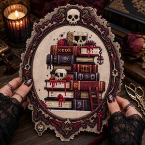 Pixel Books Cross Stitch Pattern | Digital Skull Stack PDF | Gothic Library Art Download