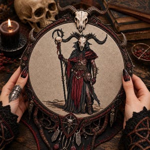 May include: A circular embroidery hoop featuring a cross-stitched figure with a horned skull head, wearing a dark cloak and red robes, holding a staff topped with a skull. The frame is ornate, dark, and decorated with small skulls and hanging charms.