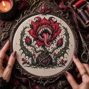 May include: A circular cross-stitch embroidery featuring a large, red, toothy carnivorous plant with a long tongue, surrounded by green thorny vines and smaller buds, set within an ornate, dark metal frame on a beige fabric background.