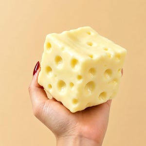 May include: A pale yellow, cube-shaped object with a smooth, matte texture and numerous circular indentations of varying sizes across its surface, resembling a block of Swiss cheese. The object is solid and features rounded edges and corners.