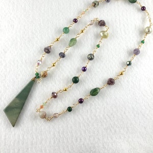 Upcycled Green Jasper Pendant  Rosary Style Beaded Necklace