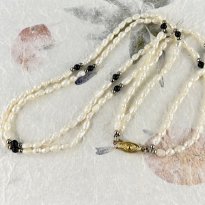 Fresh Water Rice Pearls with Onyx Beads Double Strand Necklace