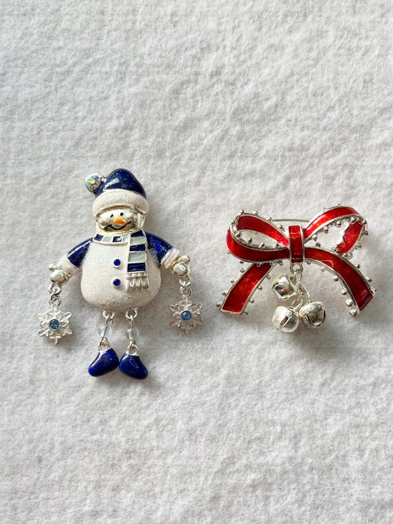 Snowman and Red Bow with Bells Christmas Brooches