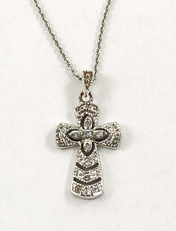 Beautiful Silver Cross with Tiny Diamonds Pendent… - image 1