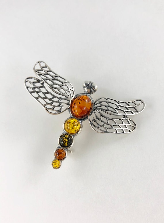 Tri Colors Amber dragonfly brooch 925 Silver - image 1