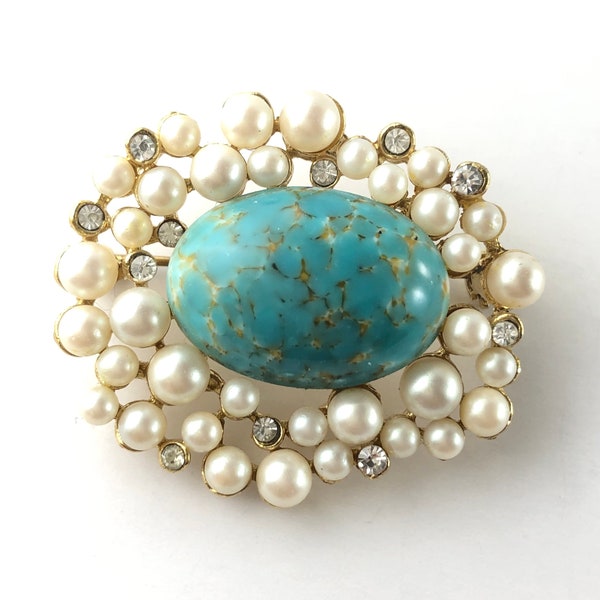 Vintage Czech Hubbell Glass and Faux Pearls and Rhinestones Brooch